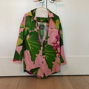 Tropical pink linen romper (size xs)